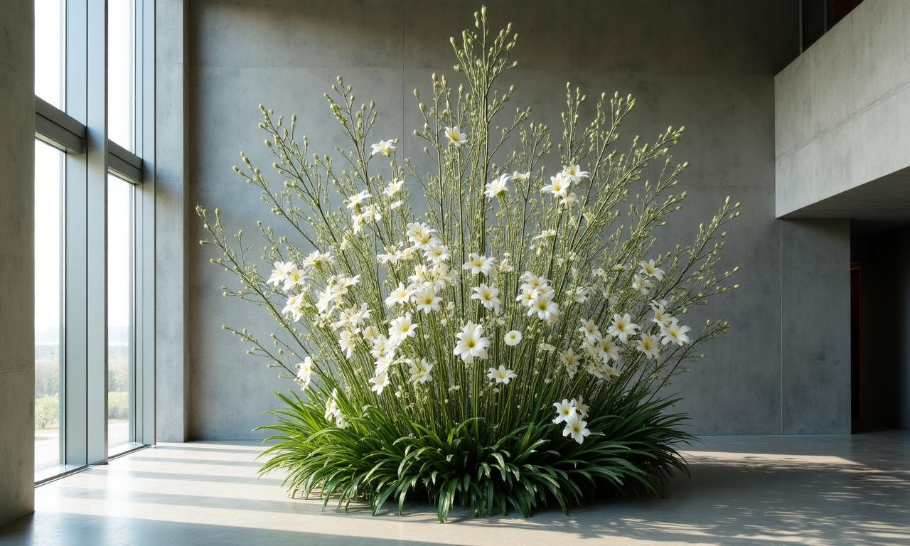 Large architectural floral installation in a brutalist interior