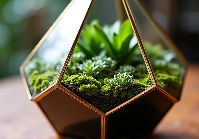 Succulents and moss inside a geometric glass terrarium