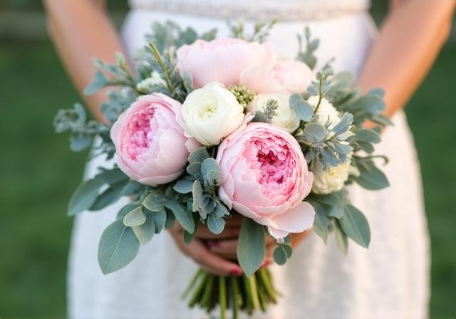 Lush seasonal wedding bouquet with peonies and eucalyptus
