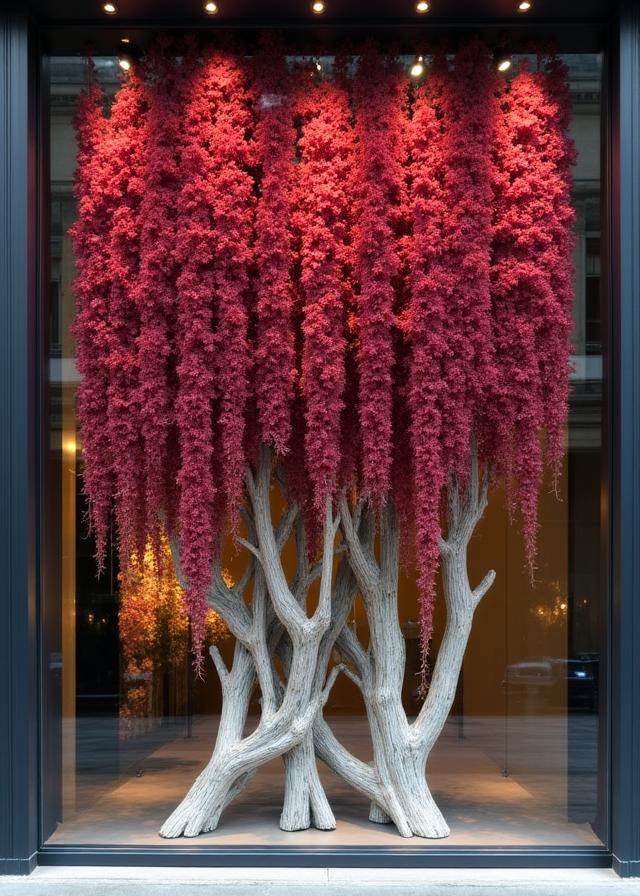 Retail window display featuring suspended preserved amaranth