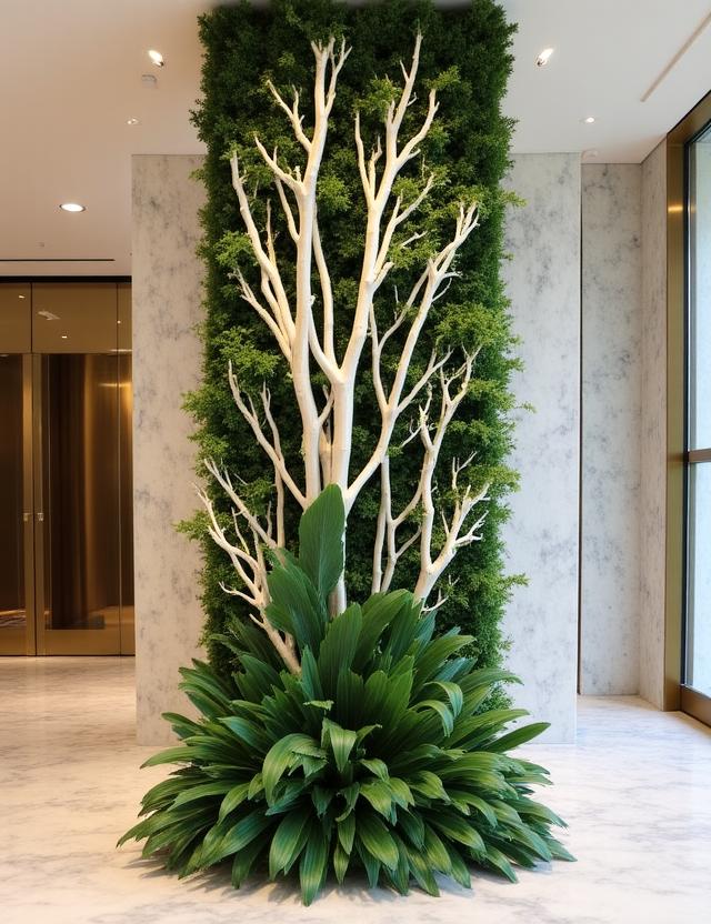 Vertical floral installation in a modern City of London lobby