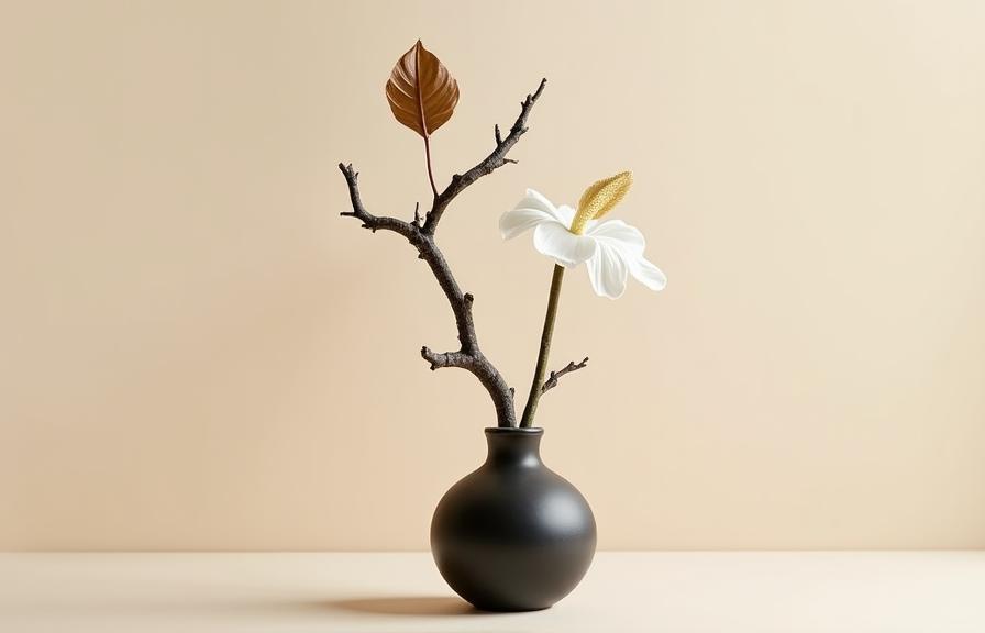 Minimalist floral sculpture emphasizing lines and empty space