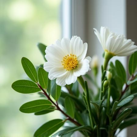 Close-up of structured evergreen leaves and soft petals representing protection and care