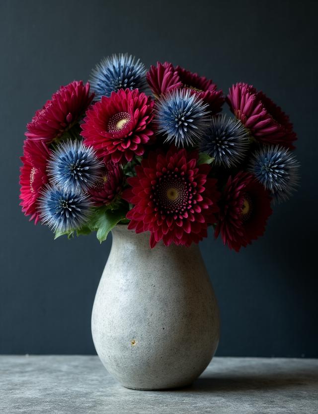 Concrete Blooms - Floral arrangement in a stone-textured vase