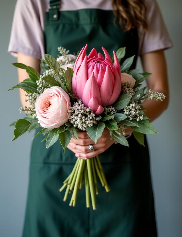 The Keystone Bouquet - Seasonal mix of deep greens and soft roses