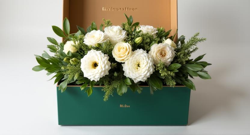 A curated floral delivery box with architectural branding