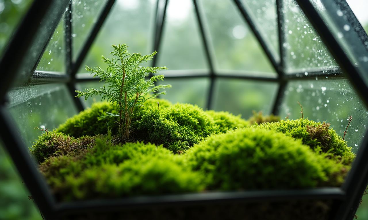 Close up of a lush, green mossy terrarium in a geometric glass container