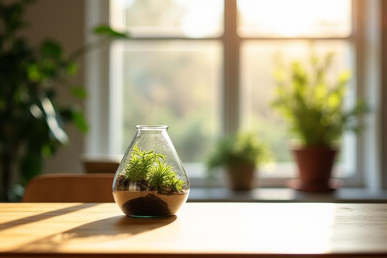 A terrarium placed on a wooden desk near a window with soft light
