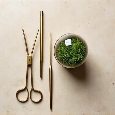 Minimalist botanical pruning tools next to a glass terrarium