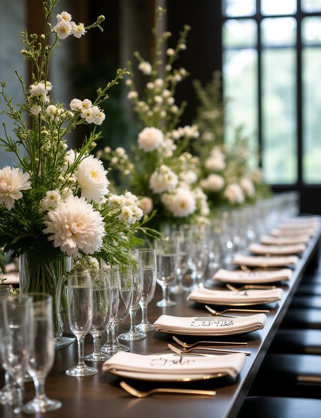Luxurious architectural wedding tablescape with sculptural floral arrangements