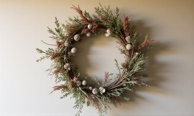 Seasonal floral wreath with sculptural dried elements
